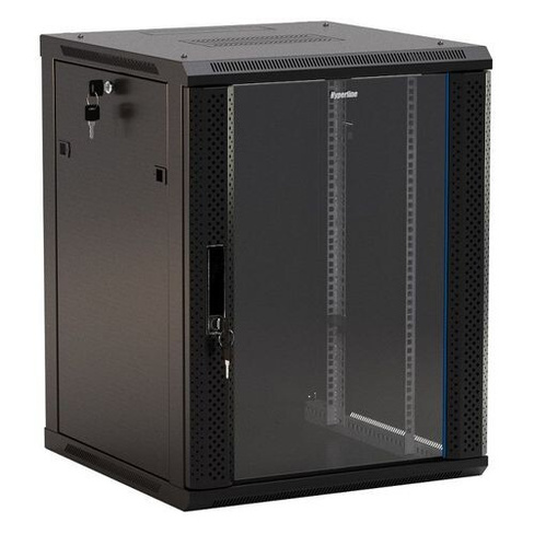 Шкаф коммутационный Hyperline TWB-1845-GP-RAL9004 настенный, стеклянная передняя дверь, 18U, 600x908x450 мм