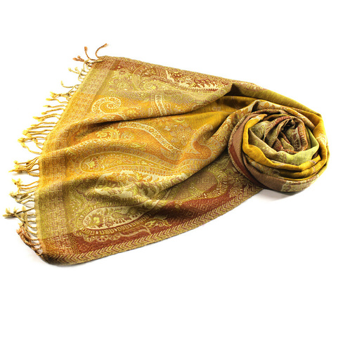 Палантин с орнаментом 70х180 жёлто-сиренево-салатный