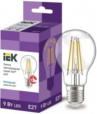 Iek LLF-A60-9-230-65-E27-CL Лампа LED A60 шар прозр. 9Вт 230В 6500К E27 серия 360° IEK